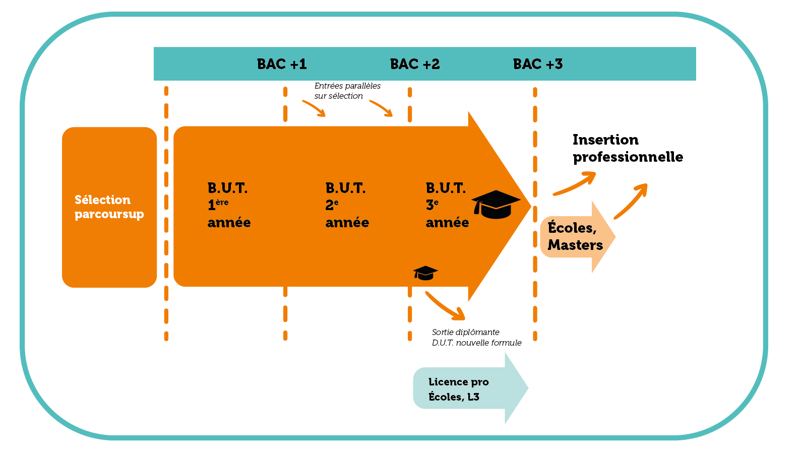 Le BUT permet d'intégrer la formation en 1ère ou 2ème année et de sortir à la fin de la 2ème année avec un DUT ou à la fin de la 3ème année avec un BUT.